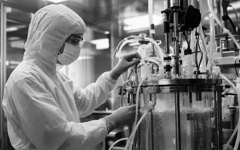 Sartorius Stedim Biotech Techniker kontrolliert sorgfältig einen Single-Use-Bioreaktor im sterilen Reinraumlabor, ISIN FR0013154002 - Foto: THN