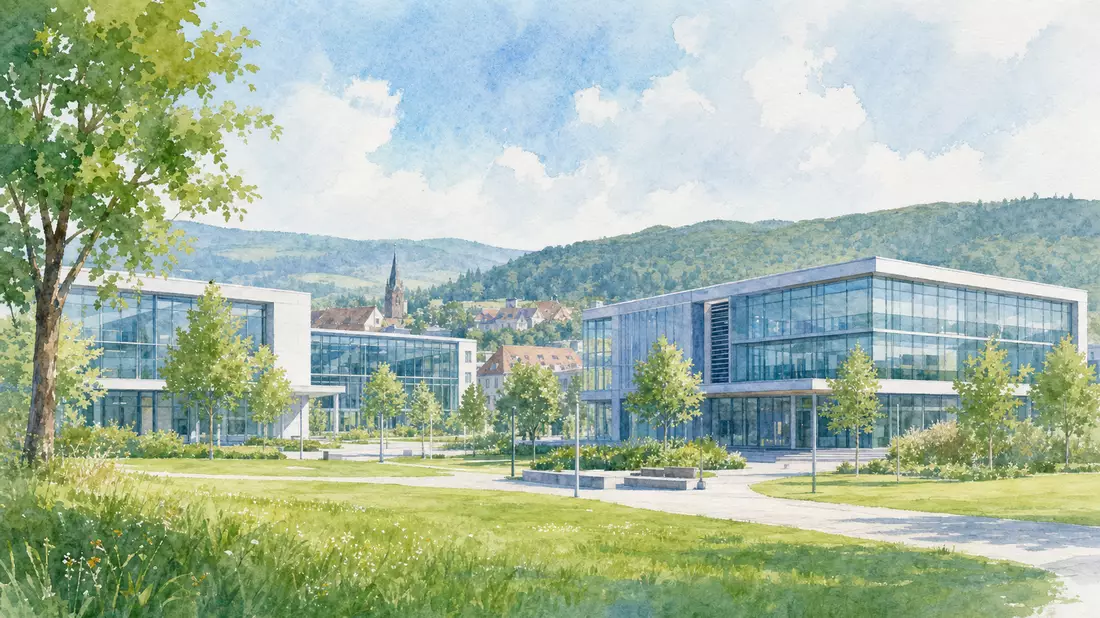 Aquarellgemälde eines Firmengeländes mit modernen Laborgebäuden und Grünflächen