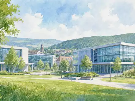 Sartorius Stedim Biotech Aquarellmalerei vom Göttingen Firmengelände mit modernen Laborgebäuden und Grünflächen, ISIN FR0013154002 - Foto: THN