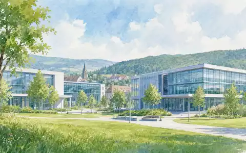 Sartorius Stedim Biotech Aquarellmalerei vom Göttingen Firmengelände mit modernen Laborgebäuden und Grünflächen, ISIN FR0013154002 - Foto: THN