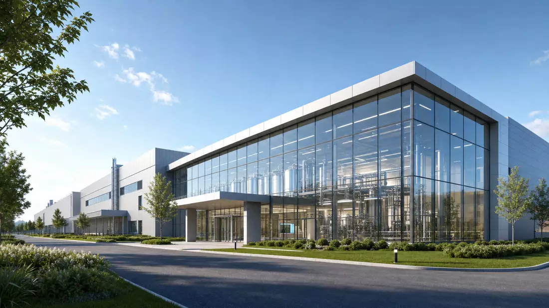 Architektonische 3D-Visualisierung einer modernen Bioprozess-Produktionshalle mit Glasfassade