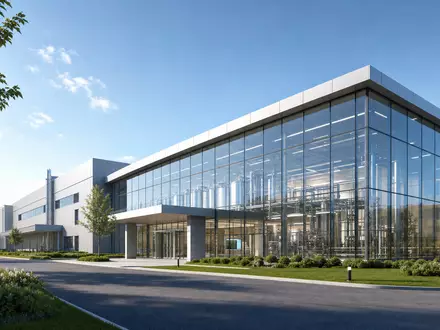 Sartorius Stedim Biotech moderner Architektur-Render einer Bioprozess-Produktionshalle mit großer Glasfassade, ISIN FR0013154002 - Foto: THN