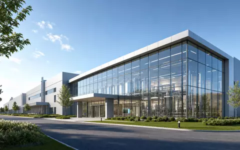 Sartorius Stedim Biotech moderner Architektur-Render einer Bioprozess-Produktionshalle mit großer Glasfassade, ISIN FR0013154002 - Foto: THN