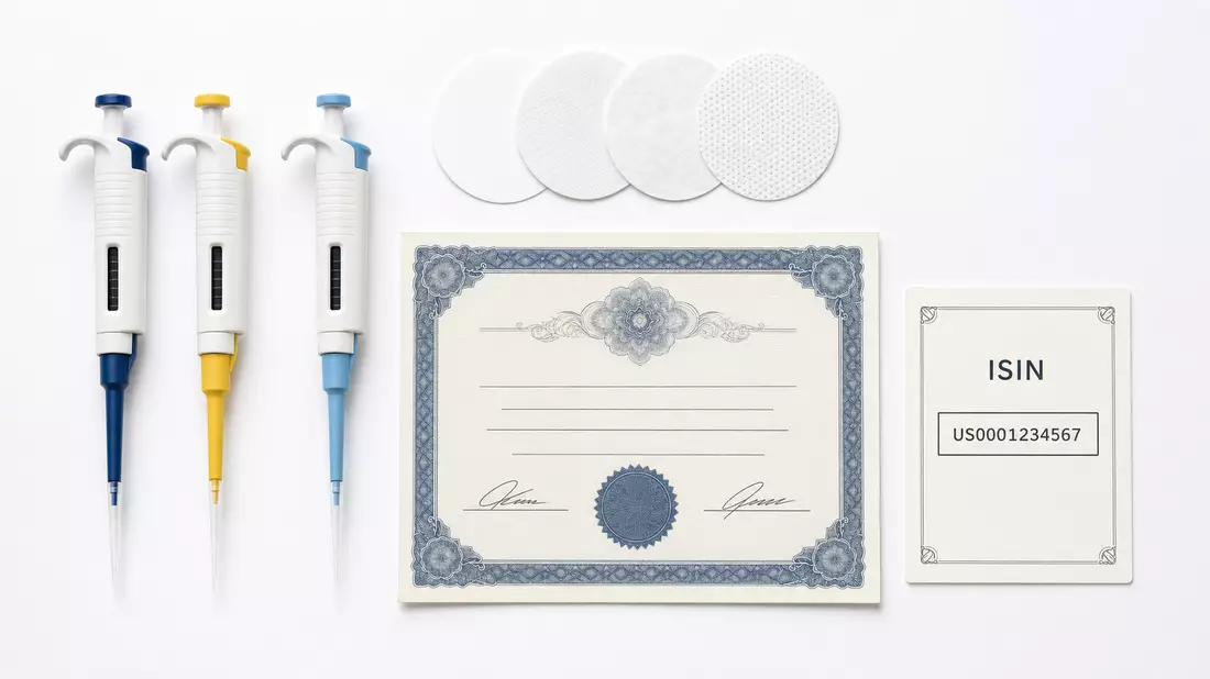 Flatlay mit Laborpipetten, Filtermembranen, Schutzhandschuhen und ISIN-Karte FR0013154002