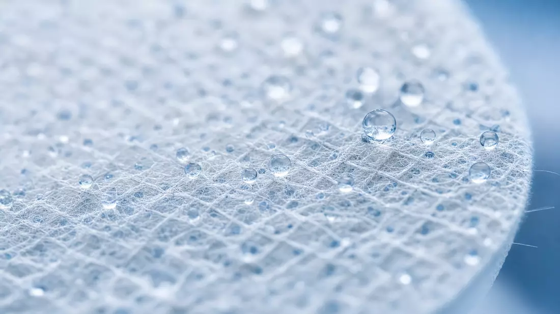 Extreme Nahaufnahme einer transparenten Filtermembran mit Flüssigkeitstropfen