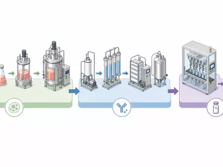 Sartorius Stedim Biotech isometrisches 3D-Diagramm der Bioprozess-Wertschöpfungskette von Zellkultur bis Abfüllung, ISIN FR0013154002 - Foto: THN