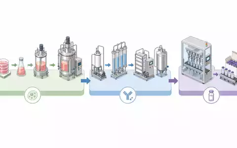 Sartorius Stedim Biotech isometrisches 3D-Diagramm der Bioprozess-Wertschöpfungskette von Zellkultur bis Abfüllung, ISIN FR0013154002 - Foto: THN