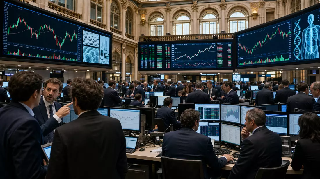 Redaktionsfoto eines Euronext-Pariser Handelsfloors mit Kursdiagrammen im Healthcare-Sektor