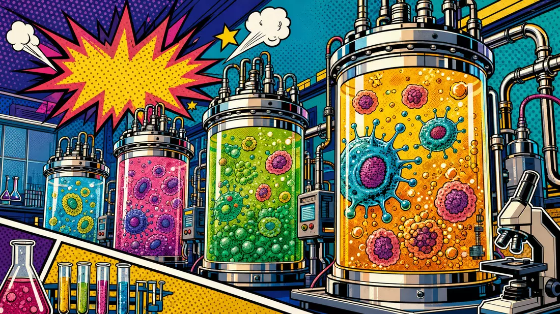 Pop-Art-Comicbild mit stilisierten Bioreaktoren und Zellkulturen im Lichtenstein-Stil