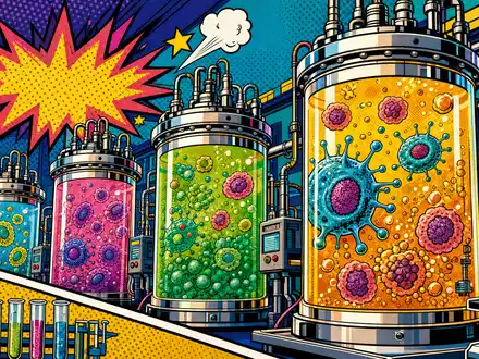 Sartorius Stedim Biotech Pop-Art-Comic mit stilisierten Bioreaktoren und bunten Zellkulturen im Retro-Stil, ISIN FR0013154002 - Foto: THN