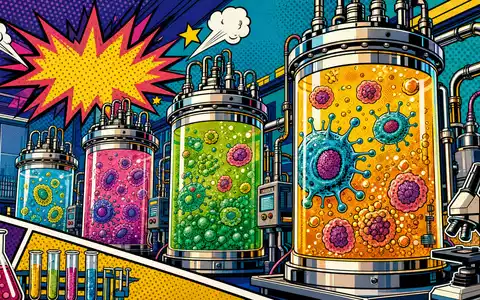 Sartorius Stedim Biotech Pop-Art-Comic mit stilisierten Bioreaktoren und bunten Zellkulturen im Retro-Stil, ISIN FR0013154002 - Foto: THN