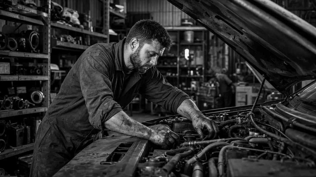 Schwarz-Weiß-Dokumentarfoto eines Mechanikers bei der Motorarbeit in einer Werkstatt