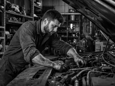 AutoZone Inc. Werkstatt-Reportage Schwarzweiß ISIN US0533321024 Mechaniker arbeitet konzentriert am Fahrzeugmotor in alter Garage - Foto: THN