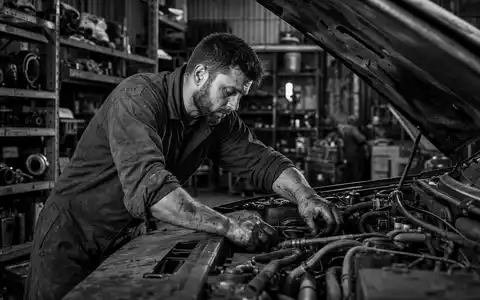 AutoZone Inc. Werkstatt-Reportage Schwarzweiß ISIN US0533321024 Mechaniker arbeitet konzentriert am Fahrzeugmotor in alter Garage - Foto: THN