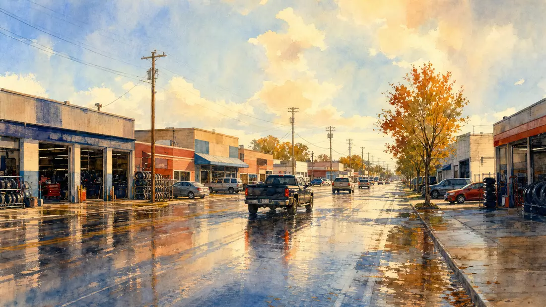 Aquarellgemälde einer amerikanischen Vorstadt-Straße mit Kfz-Werkstätten und Herbstbäumen