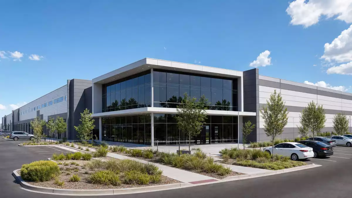 Architektonisches 3D-Rendering eines modernen Distributions- und Einzelhandelsgebäudes