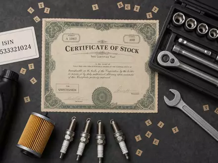 AutoZone Inc. Flatlay mit Vintage-Aktienzertifikat ISIN US0533321024 Zündkerzen Drehmomentschlüssel und Ölfilter auf Dunkelgrau - Foto: THN