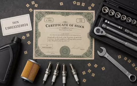 AutoZone Inc. Flatlay mit Vintage-Aktienzertifikat ISIN US0533321024 Zündkerzen Drehmomentschlüssel und Ölfilter auf Dunkelgrau - Foto: THN