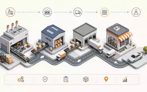 AutoZone Inc. ISIN US0533321024 isometrisches 3D-Diagramm zeigt vollständige Lieferkette von Hersteller bis Endkunde - Foto: THN