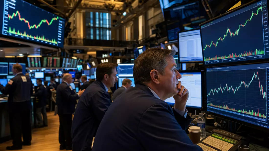 NYSE-Handelsparkett mit Tradern vor Monitoren, die Einzelhandels-Börsencharts zeigen