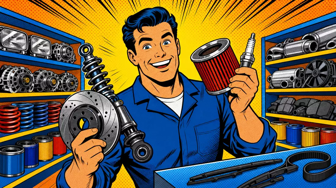 Pop-Art-Comic-Illustration eines Mechanikers mit Kfz-Ersatzteilen in einem farbenfrohen Lager