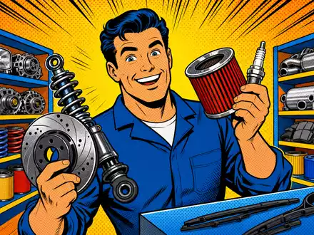 AutoZone Inc. ISIN US0533321024 Pop-Art-Comic zeigt fröhlichen bunten Mechaniker mit Kfz-Ersatzteilen im Lager - Foto: THN