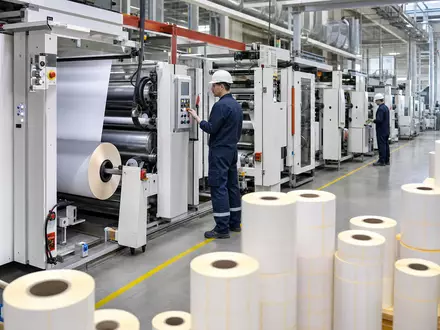 Avery Dennison Corp. produziert Etiketten unter ISIN US0536111091 auf industriellen Beschichtungsmaschinen im Werk - Foto: THN
