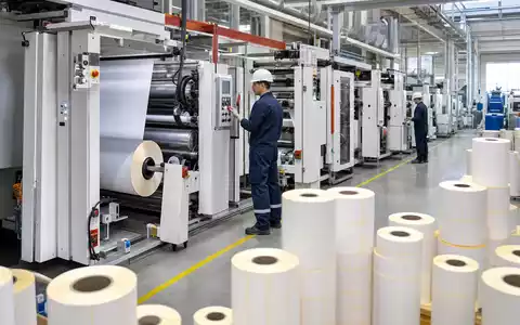 Avery Dennison Corp. produziert Etiketten unter ISIN US0536111091 auf industriellen Beschichtungsmaschinen im Werk - Foto: THN