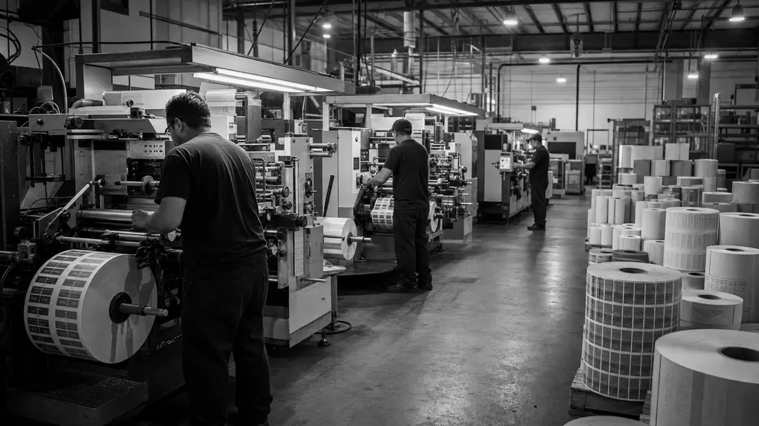 Schwarzweiß-Reportage von Arbeitern an Etiketten-Konvertiermaschinen in Fabrik