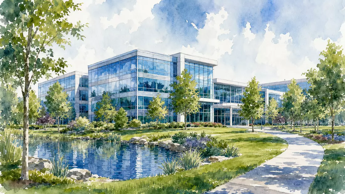 Aquarell-Illustration des Avery-Dennison-Campus in Mentor, Ohio