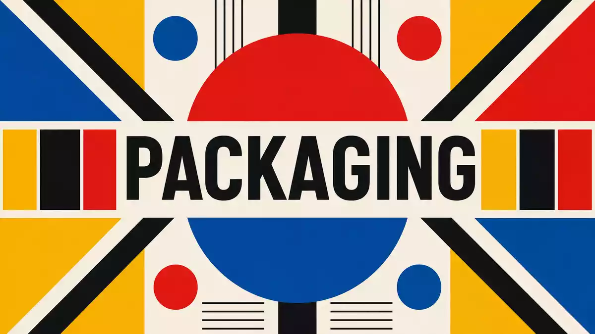 Bauhaus-Poster mit geometrischen Formen und PACKAGING-Schriftzug für Verpackungssektor