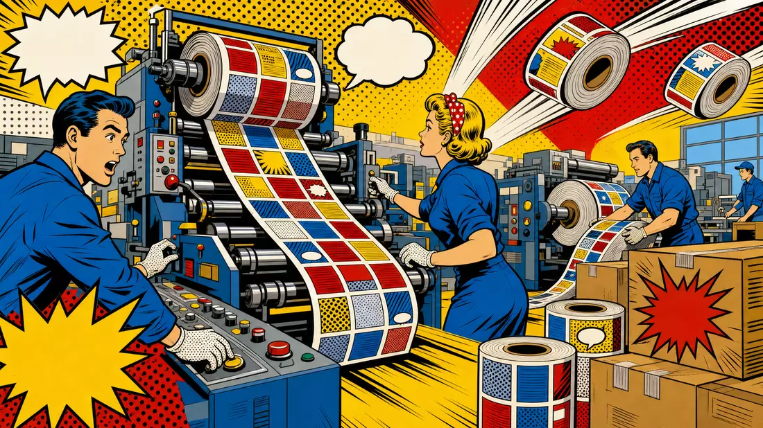 Pop-Art-Comic-Szene mit Arbeitern an Etikettendruckmaschinen in lebhafter Fabrik