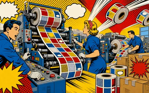 Avery Dennison Corp. ISIN US0536111091 als Pop Art Comic Szene mit Arbeitern an Etikettendruckmaschinen - Foto: THN