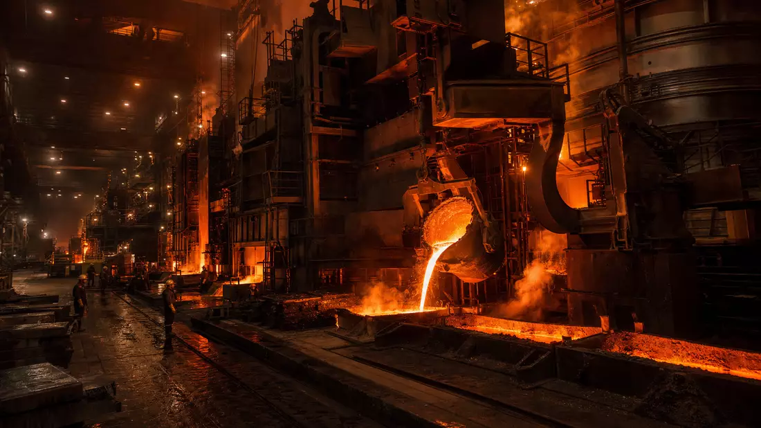 Fotorealistischer Kupferschmelzbetrieb mit glühendem Flüssigmetall und Industriearbeitern