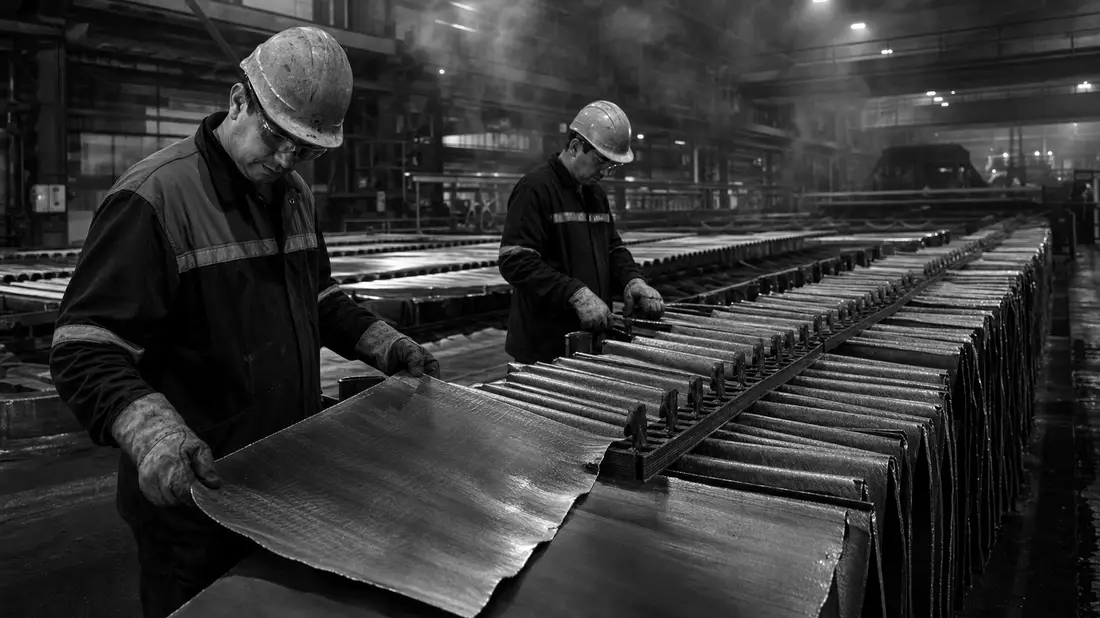 Dokumentarische Schwarzweiß-Aufnahme von Arbeitern bei der Kupferkathoden-Kontrolle
