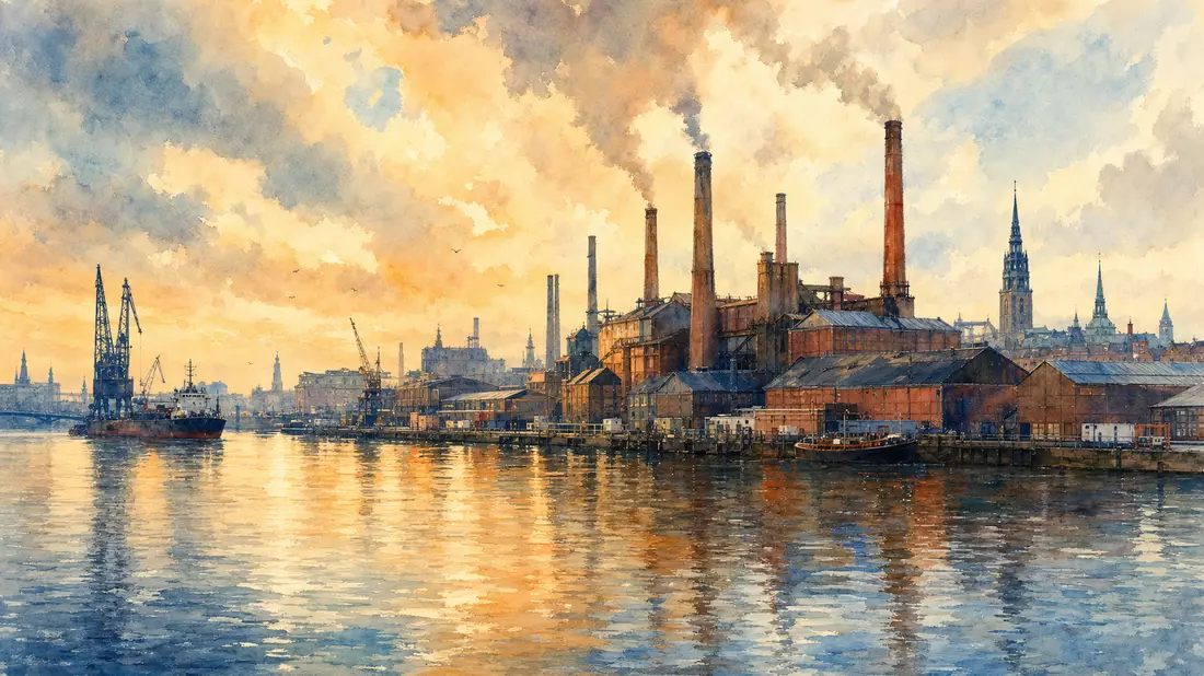 Aquarell des Hamburger Hafens mit Kupferhütten-Schornsteinen und Elbe-Reflexionen