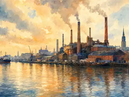 Aurubis AG Hamburger Hafen mit Kupferhütten-Schornsteinen und Elbe-Reflexionen als Aquarell, ISIN DE0006766504 - Foto: THN