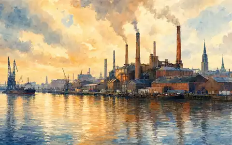 Aurubis AG Hamburger Hafen mit Kupferhütten-Schornsteinen und Elbe-Reflexionen als Aquarell, ISIN DE0006766504 - Foto: THN