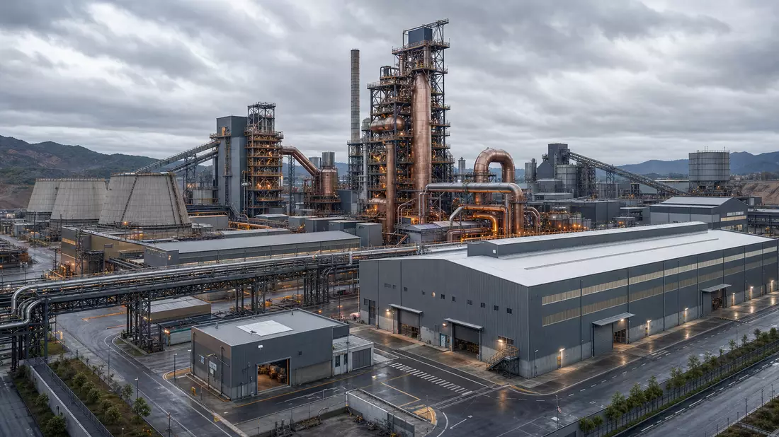 3D-Architektur-Render eines modernen Kupferhüttenwerks mit Industrietürmen und Rohrnetz