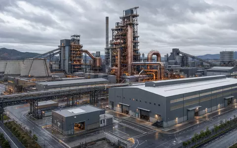 Aurubis AG modernes 3D-Architektur-Render eines Kupferhüttenwerks mit Industrietürmen und Rohrnetz, ISIN DE0006766504 - Foto: THN