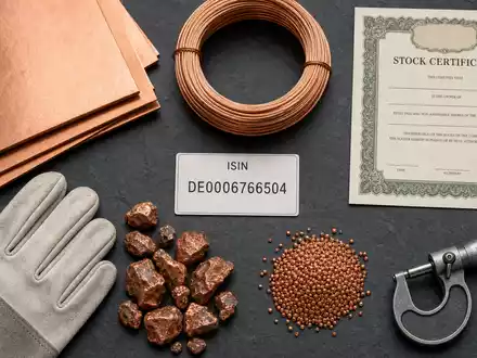 Aurubis AG Flatlay mit Kupferkathoden, ISIN-Karte DE0006766504, Aktienzertifikat und Industrieutensilien auf Schiefer - Foto: THN