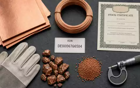 Aurubis AG Flatlay mit Kupferkathoden, ISIN-Karte DE0006766504, Aktienzertifikat und Industrieutensilien auf Schiefer - Foto: THN
