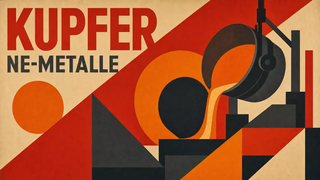 Bauhaus-Poster mit geometrischen Formen, KUPFER- und NE-METALLE-Text in Rot-Orange-Grau
