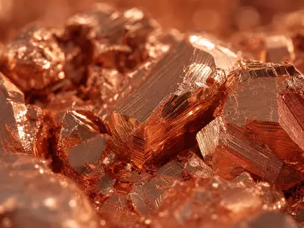 Aurubis AG Makroaufnahme einer kristallinen Kupferkathoden-Oberfläche mit roségoldenem metallischem Glanz, ISIN DE0006766504 - Foto: THN