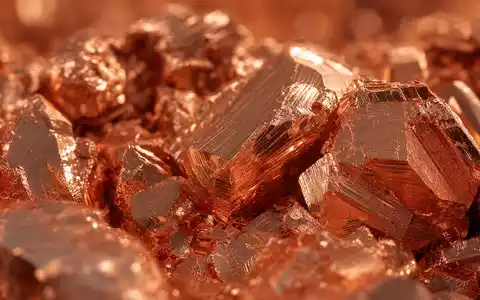 Aurubis AG Makroaufnahme einer kristallinen Kupferkathoden-Oberfläche mit roségoldenem metallischem Glanz, ISIN DE0006766504 - Foto: THN