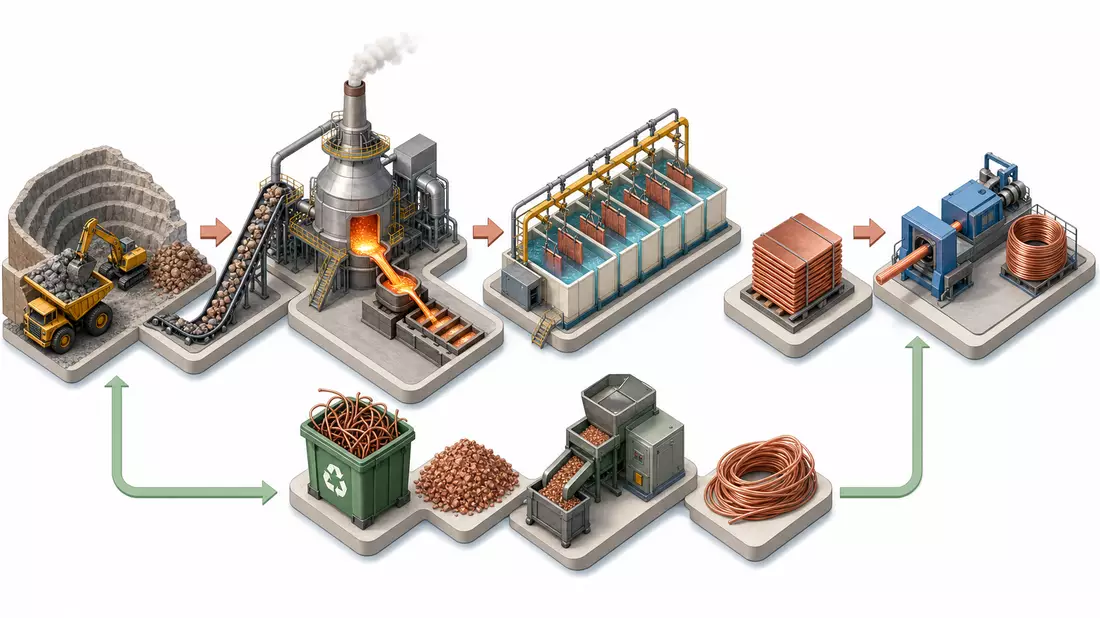 Isometrisches 3D-Diagramm der Kupfer-Wertschöpfungskette von Bergbau bis Recycling