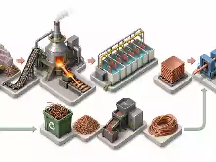 Aurubis AG Kupfer-Wertschöpfungskette von Bergbau bis Recycling als isometrisches 3D-Prozessdiagramm, ISIN DE0006766504 - Foto: THN