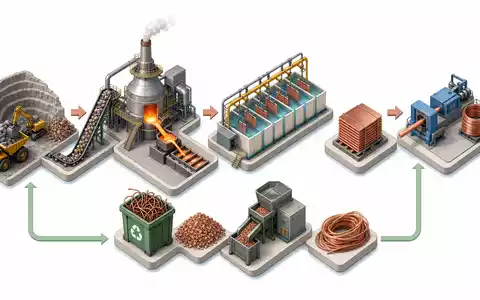 Aurubis AG Kupfer-Wertschöpfungskette von Bergbau bis Recycling als isometrisches 3D-Prozessdiagramm, ISIN DE0006766504 - Foto: THN