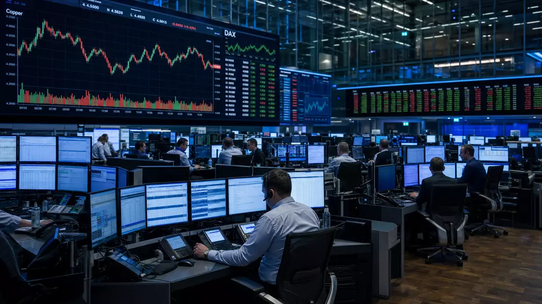 Frankfurter Börsensaal mit Händlern, Kupferpreis-Charts und DAX-Kursanzeigetafel