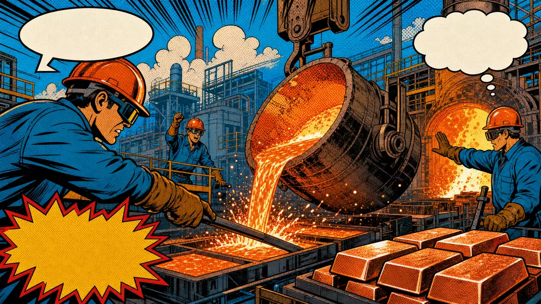 Pop-Art-Comic-Szene einer Kupferschmelze mit Halbton-Muster, dynamischen Arbeitern und Funken